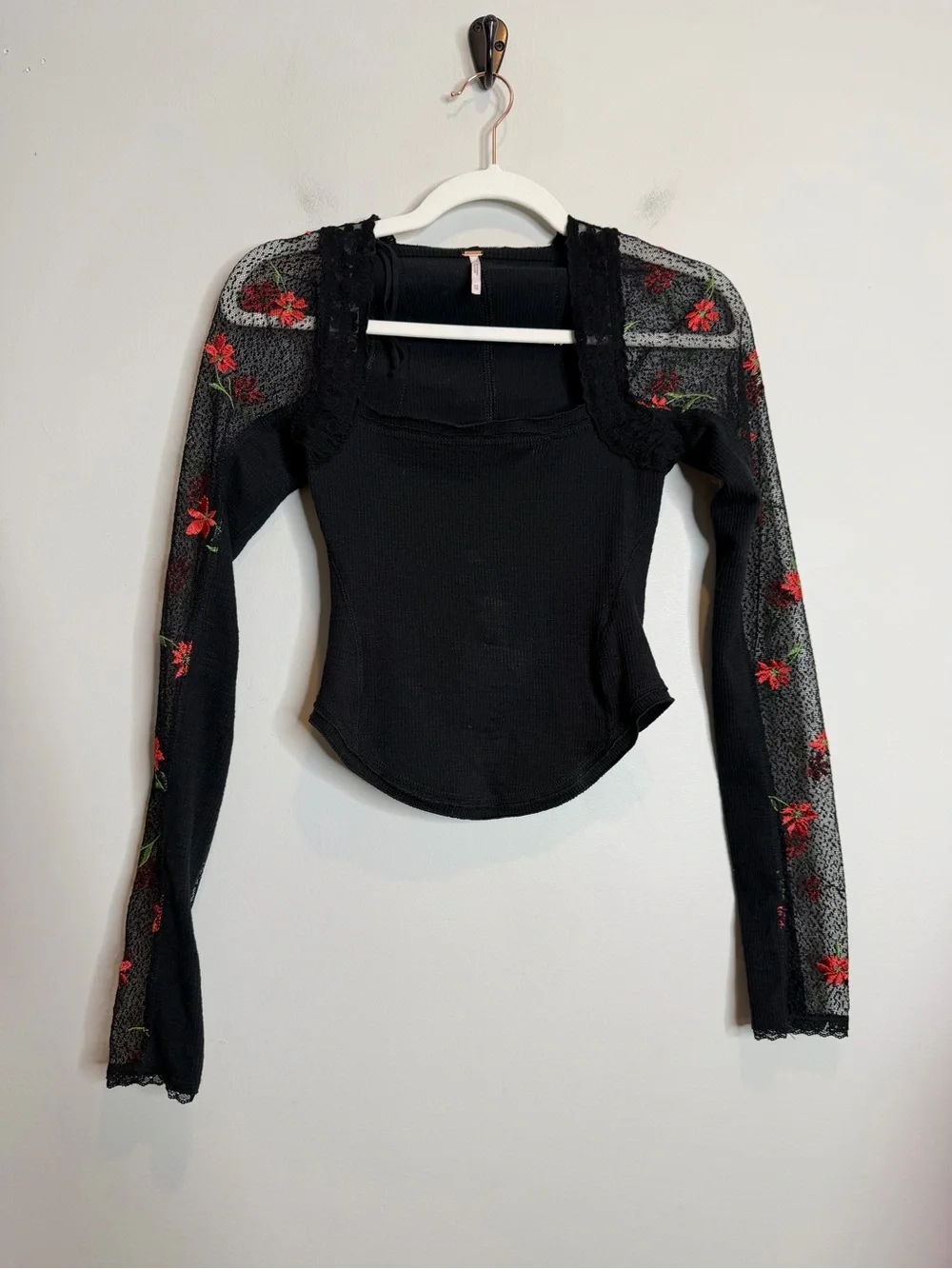 Free People Jolie Thermal Top XS Black Floral Mesh Lace Long Sleeve Boho